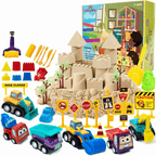 1lb PlaySand Kit with Foldable Sandbox, 6 Construction Trucks Tools