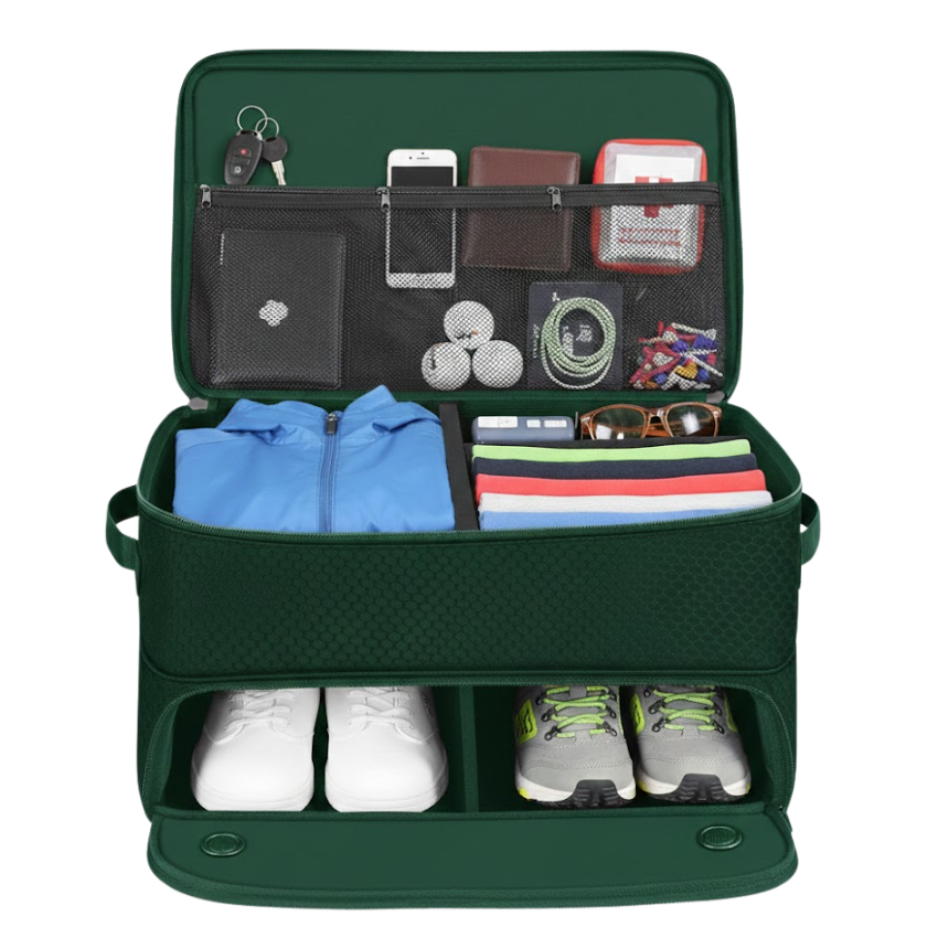 2-Layer Car Storage with Lower Shoe Compartment, Trunk Organizer