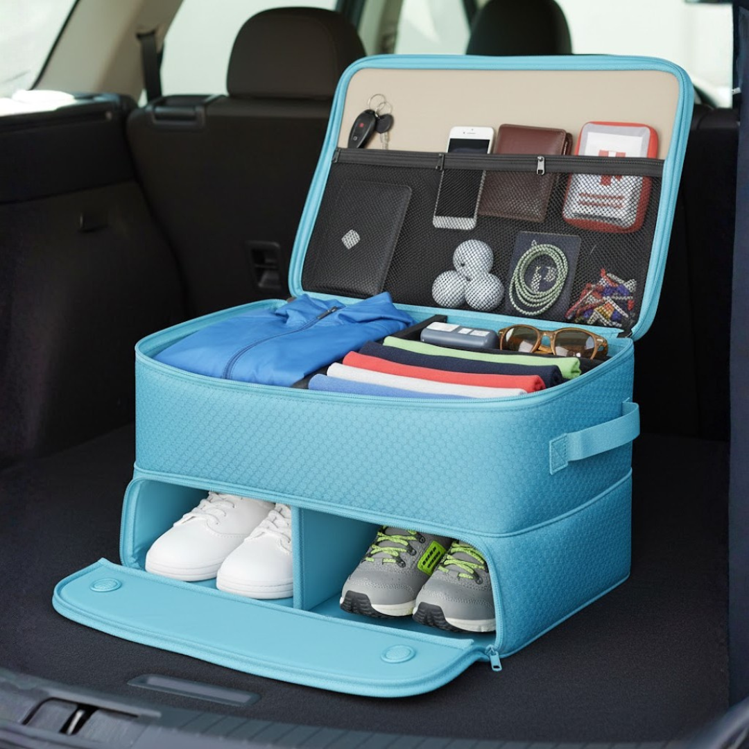 2-Layer Car Storage with Lower Shoe Compartment, Trunk Organizer