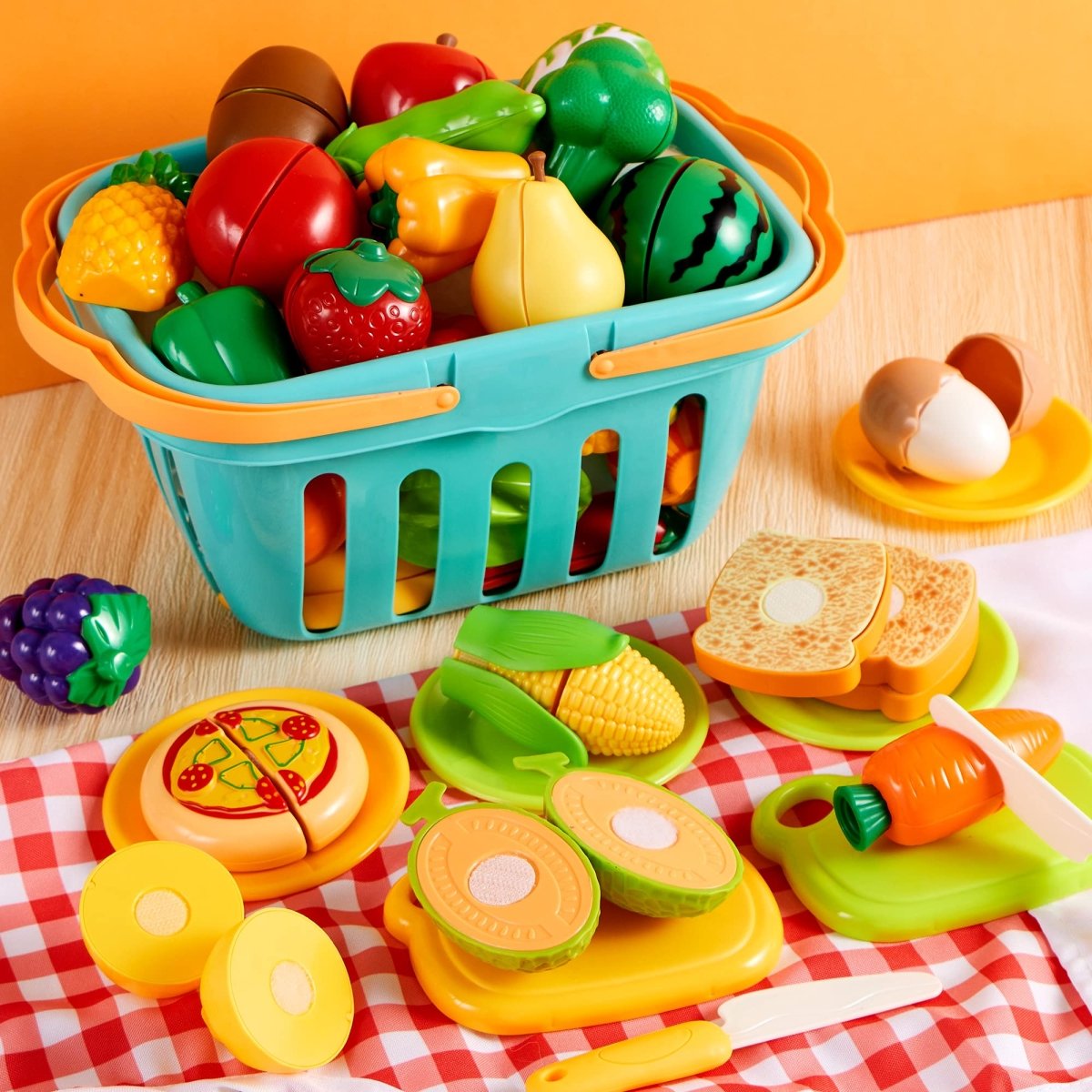 71Pcs Pretend Cutting Food Toy Set Fruits, Veggies, Basket Utensils