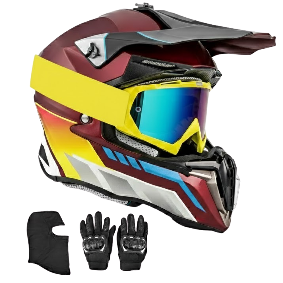 Adult ATV Dirt Bike Helmet with Goggles Gloves Mask and Visor Set