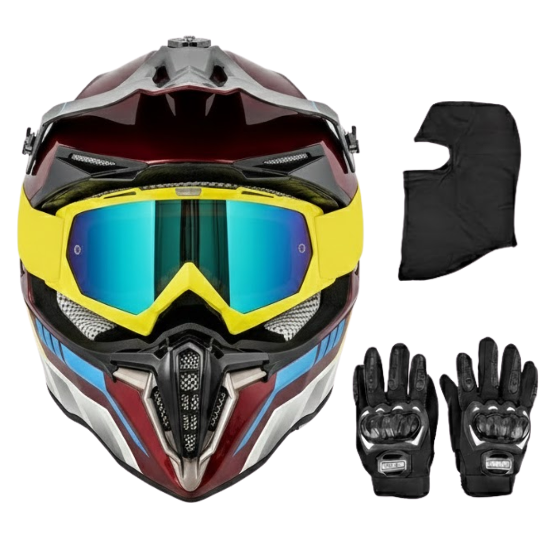 Adult ATV Dirt Bike Helmet with Goggles Gloves Mask and Visor Set