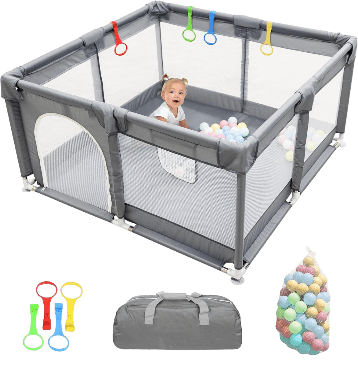 Baby Playpen with Padded Frame, Mesh Walls, Balls & Pull Rings