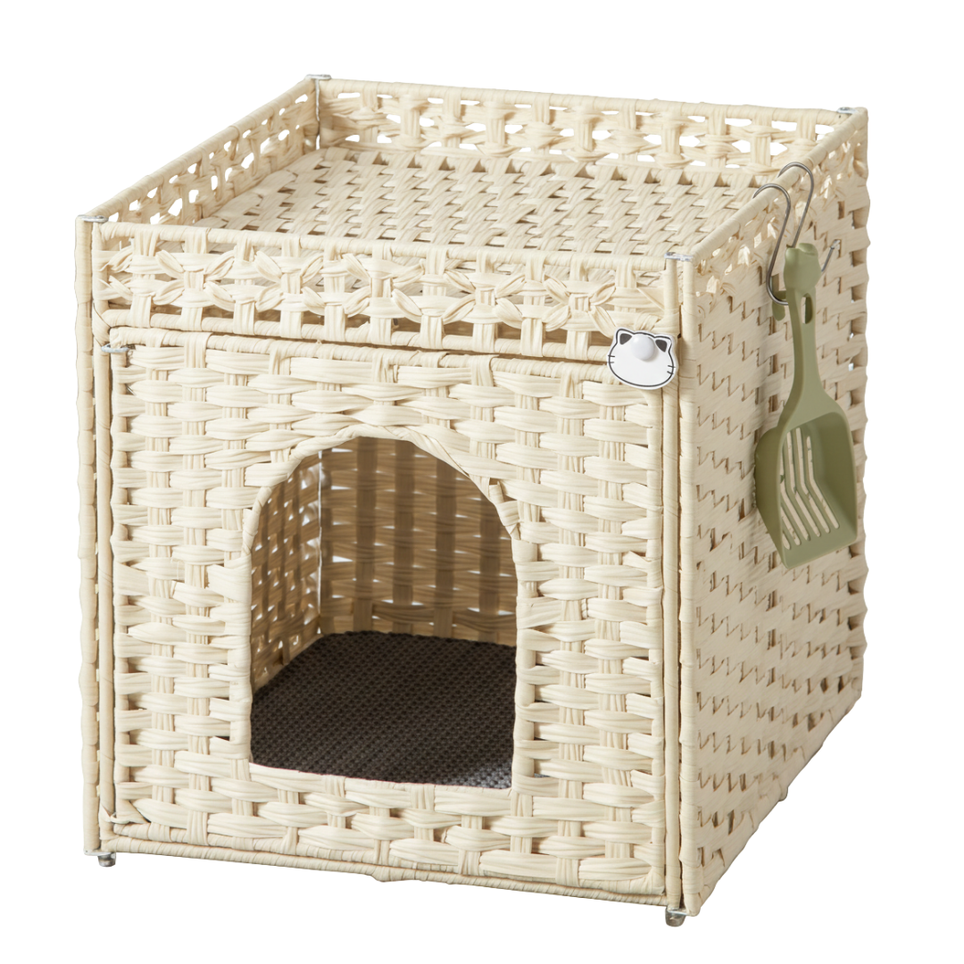 Cat Litter Box Enclosure with Mat and Fence Top, Handwoven Rattan