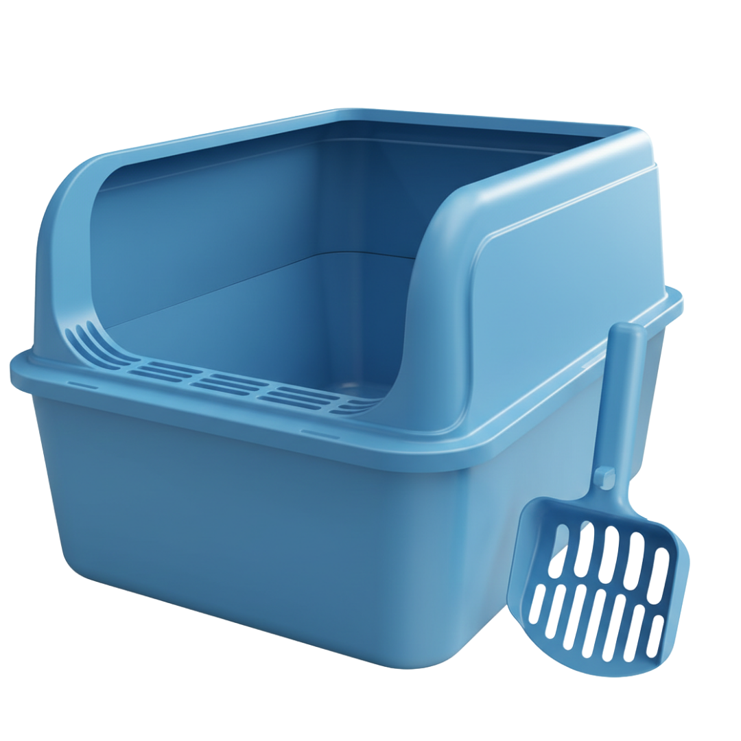 Cat Litter Box with High-Sided Walls, Stainless Steel Pan, and Scoop
