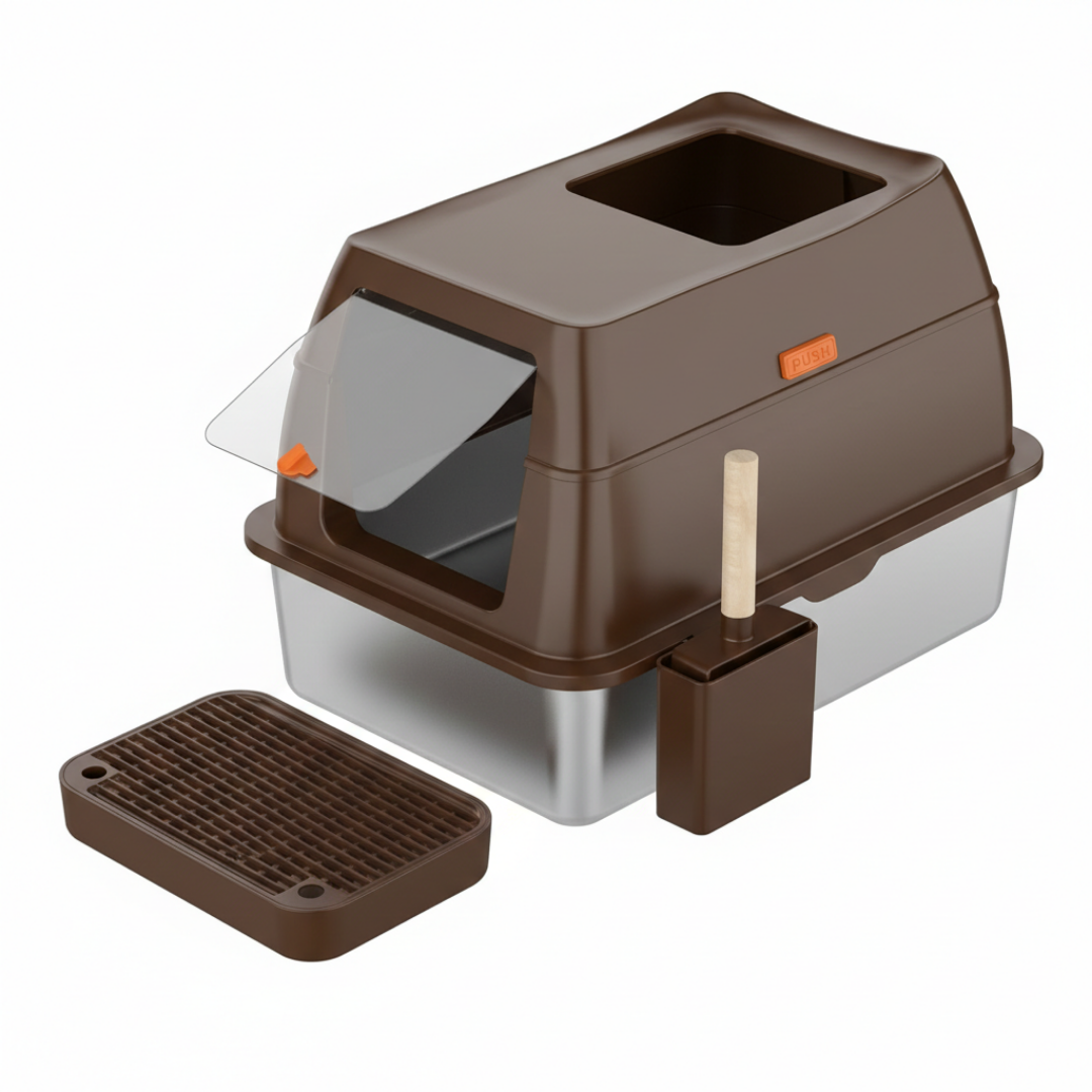 Cat Litter Box with Lid and Stainless Steel Pan with Front Entry