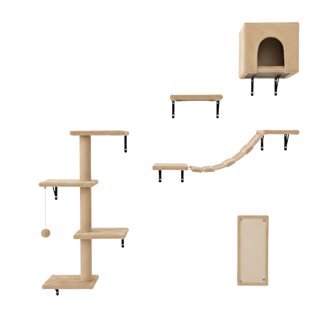 Cat Wall Shelves Set with House, Bridge, Steps, Climber and Scratcher