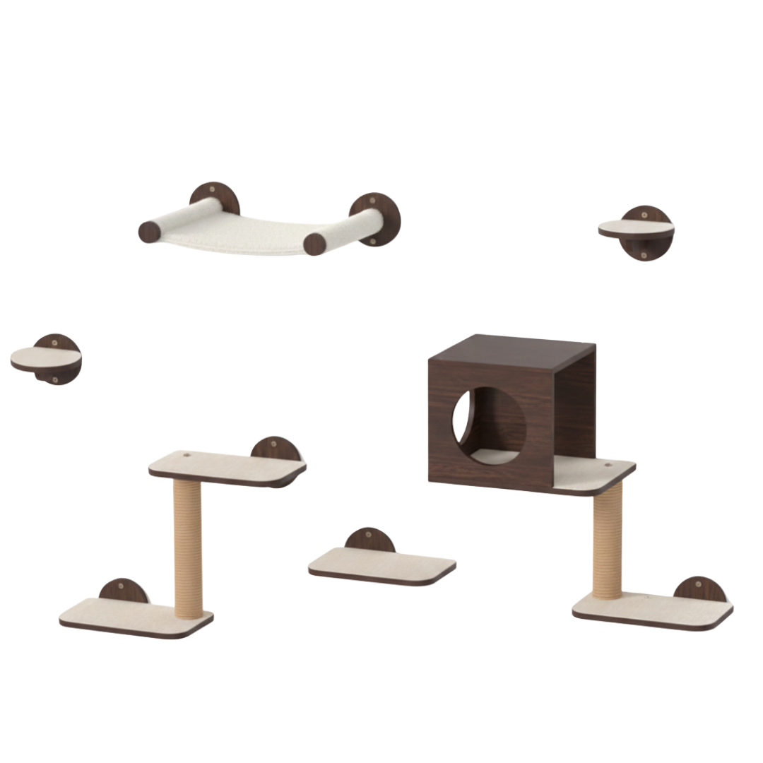 Cat Wall Shelves with Hammock, House, Steps, and Scratching Post