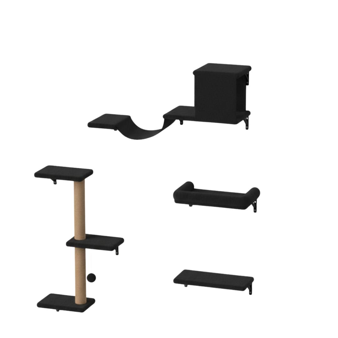 Cat Wall Shelves with Scratcher and Bed 4-Piece Climbing Set