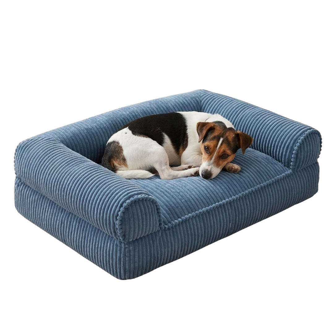 Corduroy Pet Couch Bed with Raised Sides and Memory Foam Fill