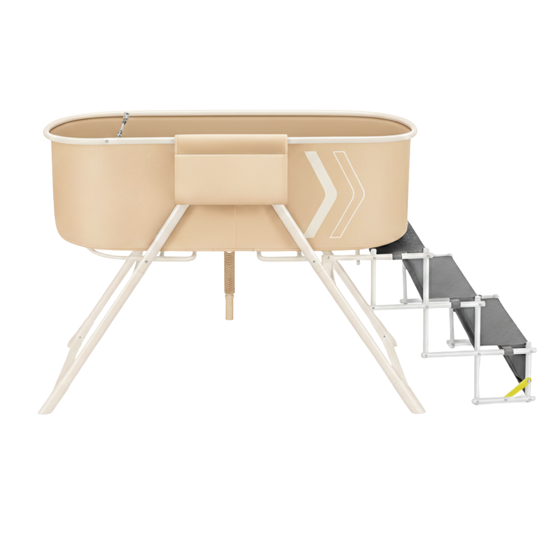 Dog Bath Tub with Elevated Basin, Foldable Stairs, and Drain Hose