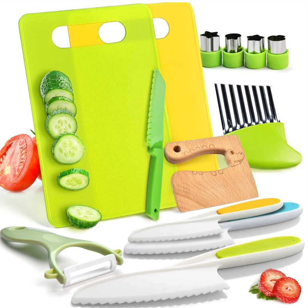 Kids Cooking Set with Wooden and Plastic Kitchen Tools, 3 years and up