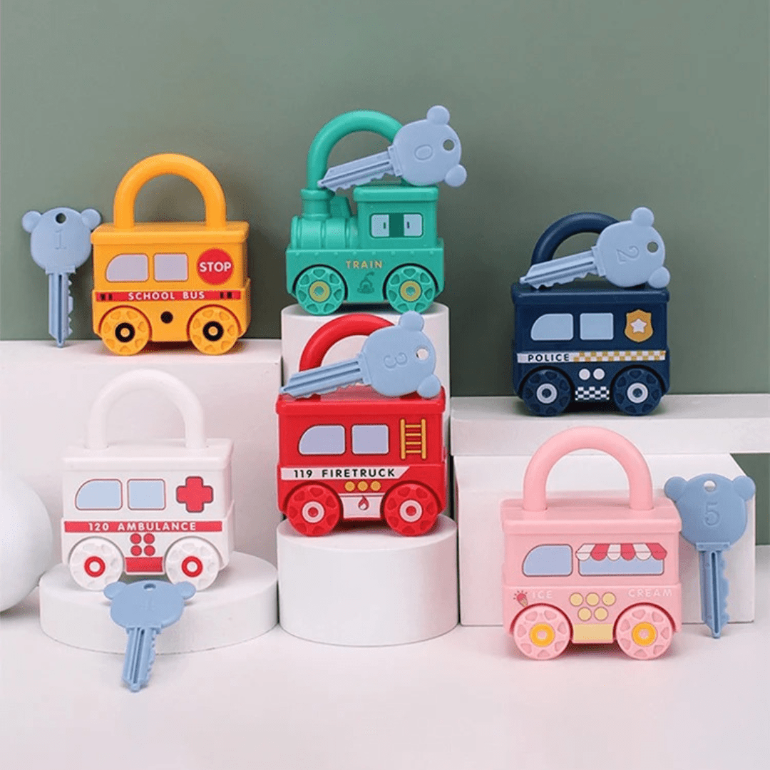 Lock and Key Matching Toy Set with 6 Vehicle Locks and Numbered Keys