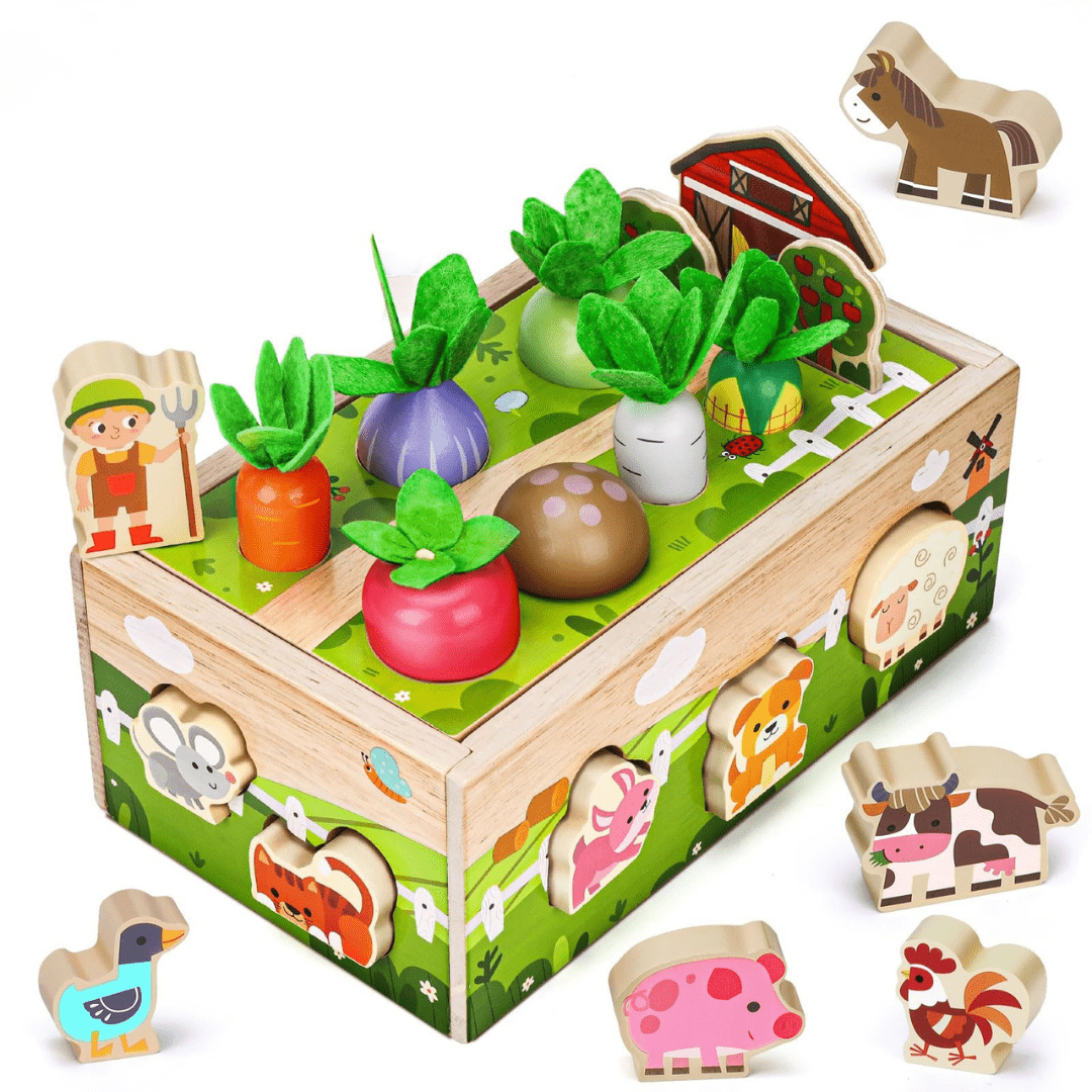 Montessori Carrot Toy with Animals, Storage, Shapes & Sorting