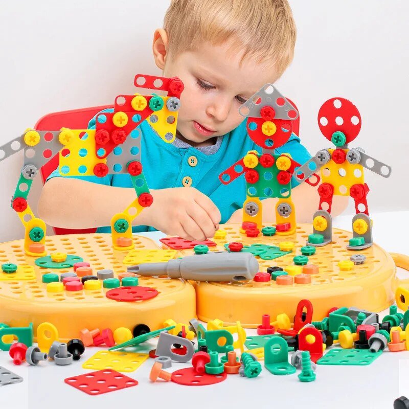 Montessori Toolbox Set with Drill, 204 Pieces in Bear & Dog Suitcase