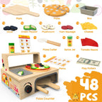 Montessori Wooden Pizza Toy with Counter Menu, Oven, Storage 49 Pieces