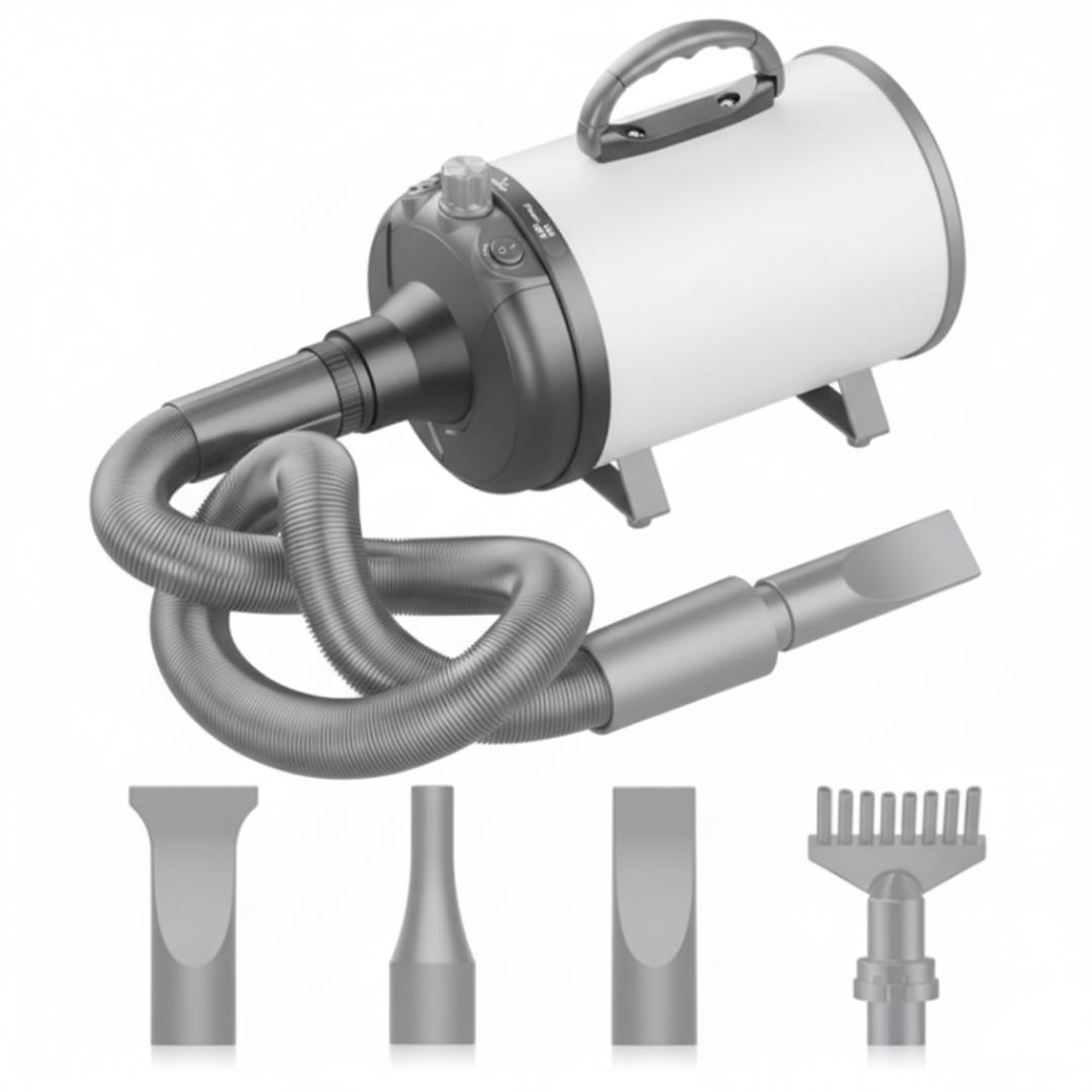 Pet Grooming Blow Dryer with Adjustable Airflow and Four Nozzles
