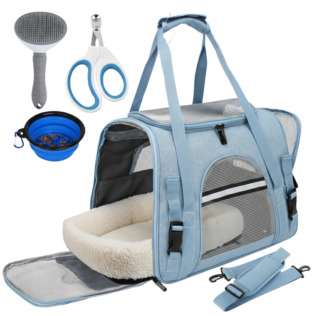 Soft Pet Carrier With Mesh Panels And Travel Accessories Set