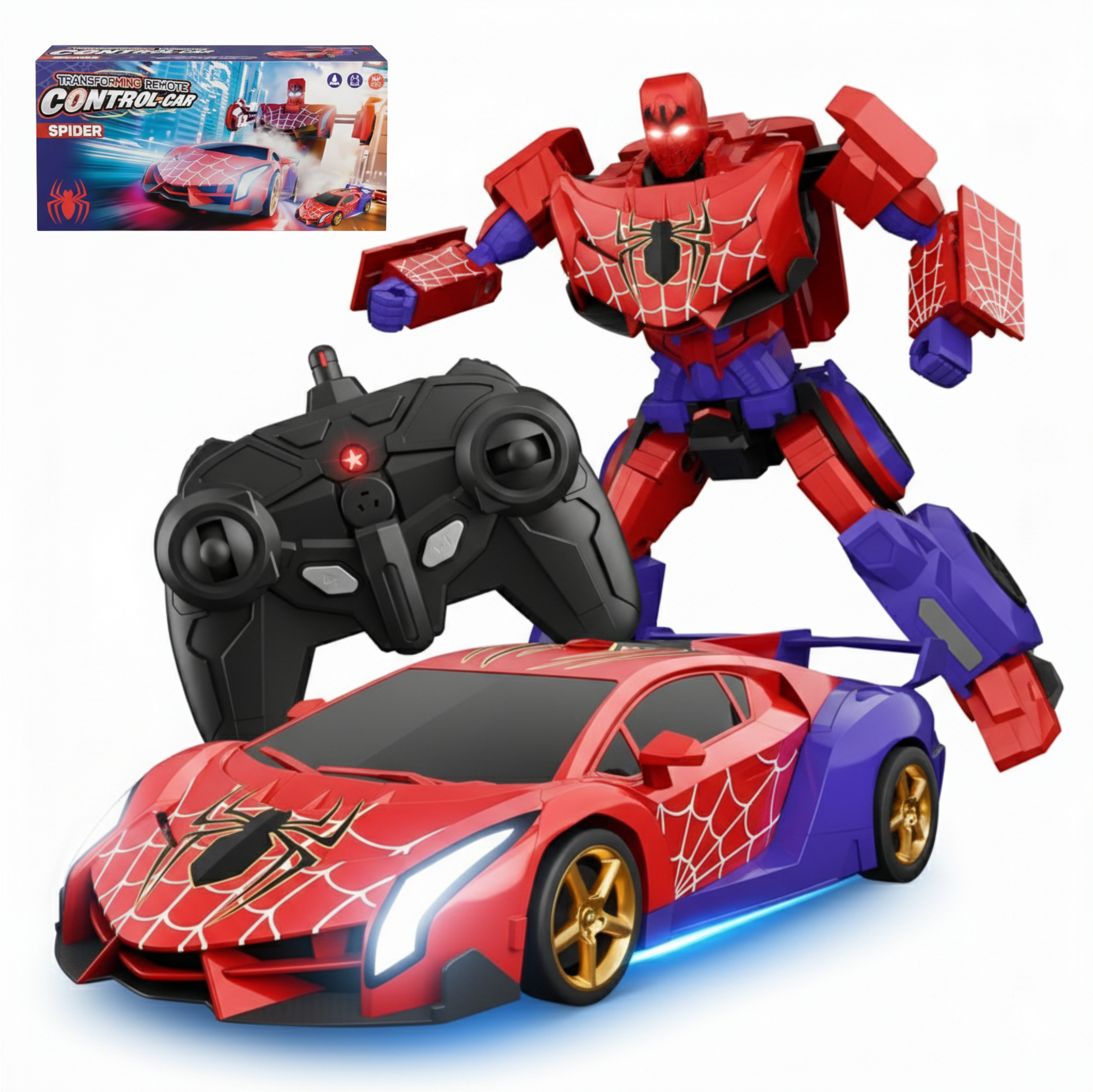 Spider Transform RC Car with Lights and 360° Rotations for Kids