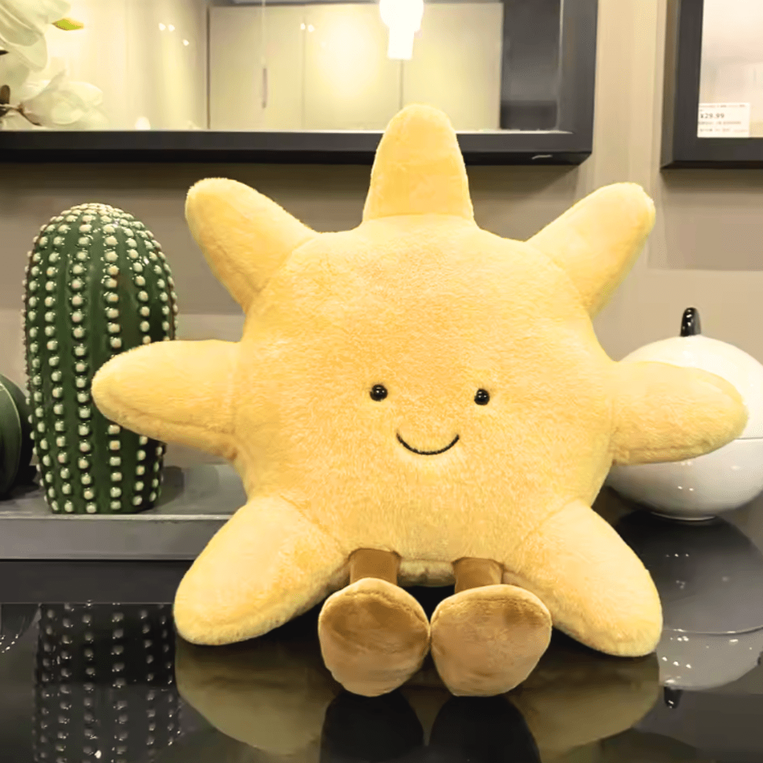 Kawaii Sun Plush with Legs, Yellow Smiling Pillow for Kids and Décor