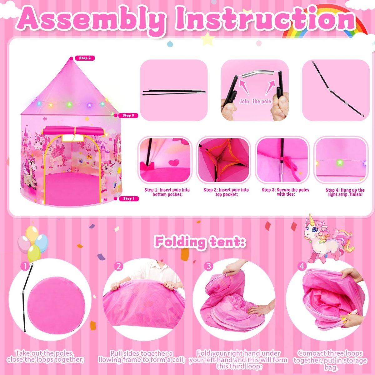 Unicorn Pop Up Tent Pink for Indoor & Outdoor Princess Playhouse
