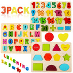 Montessori Wooden Puzzle Set with Letters, Shapes and Numbers Boards