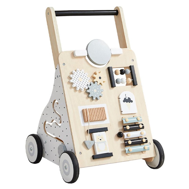 Wooden Baby Walker with Activity Board and Adjustable Wheel Resistance