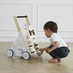 Wooden Baby Walker with Activity Board and Adjustable Wheel Resistance