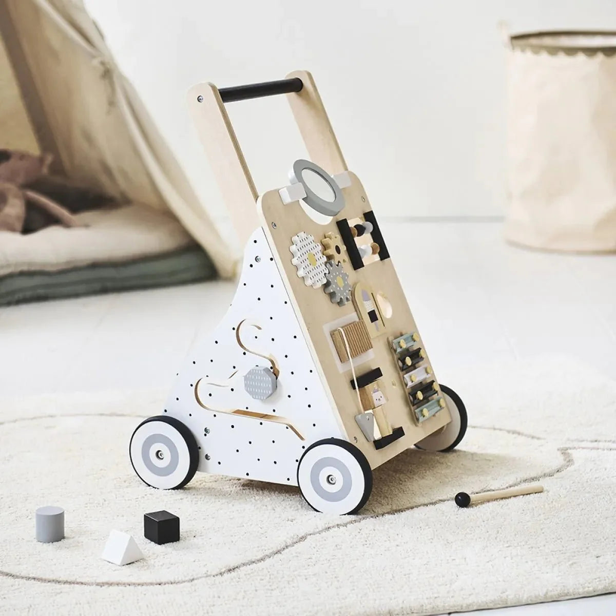 Wooden Baby Walker with Activity Board and Adjustable Wheel Resistance