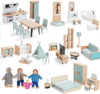 Wooden Dollhouse Furniture Set, 36pcs with 4 Dolls & Working Parts