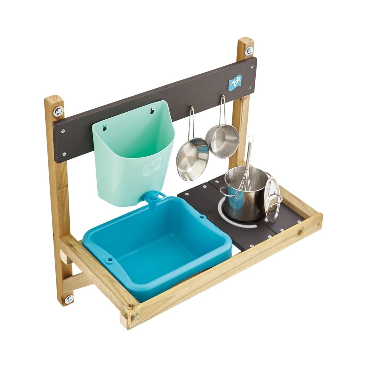 Wooden Mud Kitchen Attachment with Sink, Water Butt, Pans, Whisk Hooks
