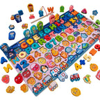 Wooden Sorting Puzzle with Magnetic Fishing, Board, Letters & Numbers