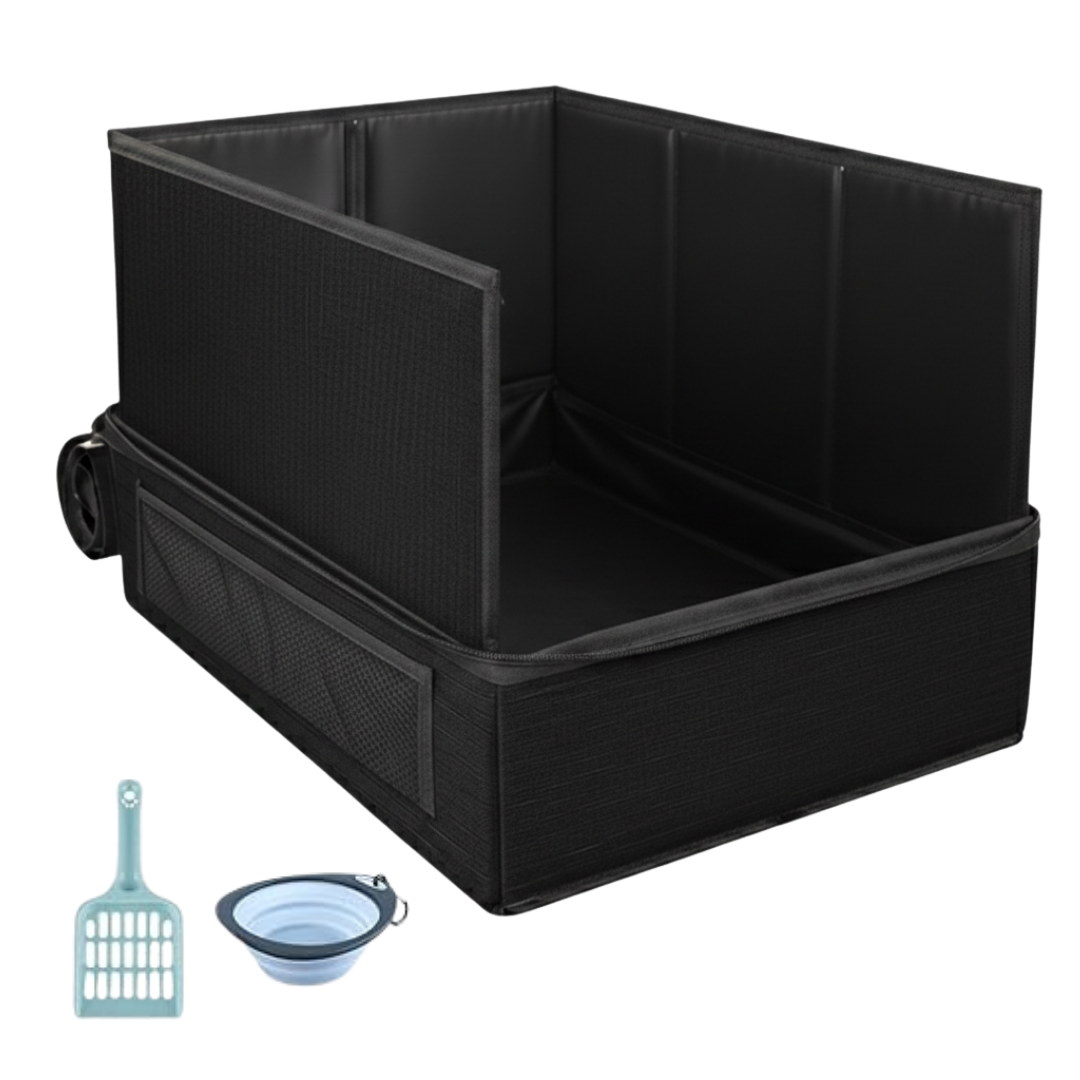 Zip Top Foldable Travel Cat Litter Box with Scoop and Collapsible Bowl
