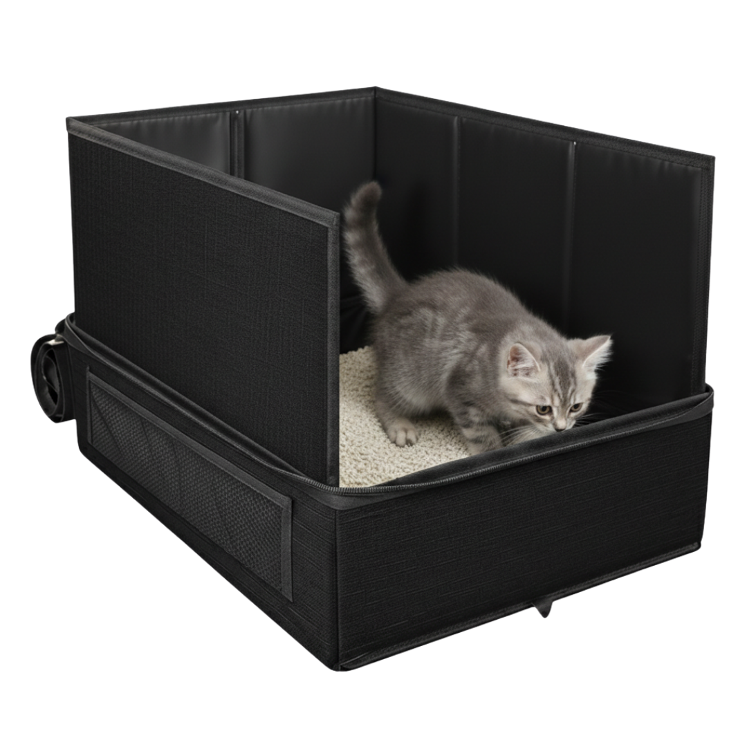 Zip Top Foldable Travel Cat Litter Box with Scoop and Collapsible Bowl